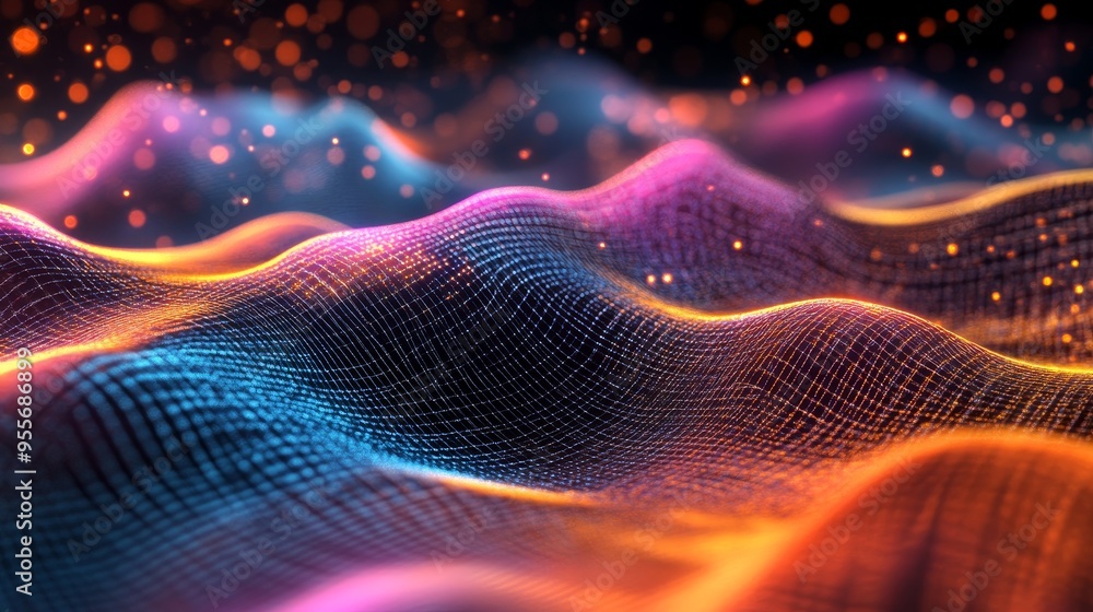 Poster abstract representation of a mathematical function graph with colorful curves and grids