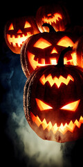 Fototapeta premium Sinister jack-o'-lanterns lining a cobblestone path
