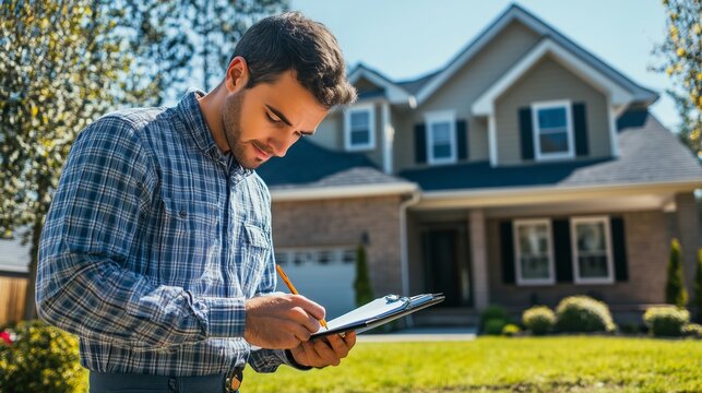 Young man taking notes while inspecting a suburban house on a bright sunny day