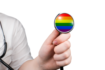 The head of a medical stethoscope in the form of a rainbow flag (LGBT) in a hand (close-up) on a transparent background. LGBT healthcare. Gay, lesbian, bisexual and transgender rights