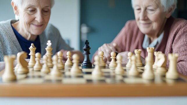 Group of seniors attending a community chess club, playing and strategizing, bright and interactive
