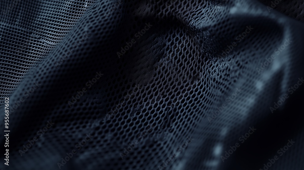 Poster close-up of black mesh fabric showcasing intricate weave patterns and textures illuminated softly in