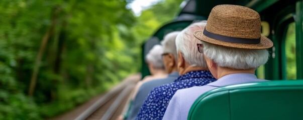 Fototapeta premium Group of seniors attending a mini-train ride, enjoying a scenic route, nostalgic and fun