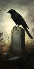 Sinister-looking raven perched on a tombstone