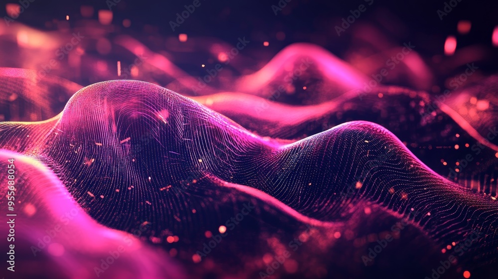 Poster vibrant waves of abstract pink and purple patterns flowing smoothly on a dark background, creating a