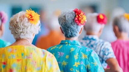 Group of seniors attending a dance performance, watching and enjoying, colorful and lively