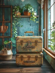 Two vintage suitcases with weathered patina sit on a wooden floor in a room with rustic decor.