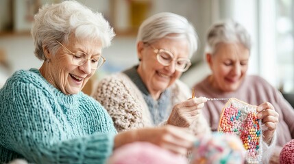 Group of seniors attending a needlework club, creating together, cozy and creative environment