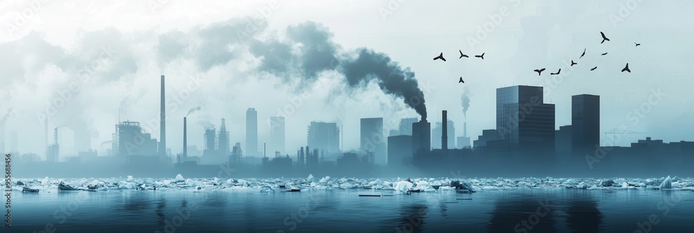 Poster a modern metropolis struggles under heavy smog, with factories silhouetted on the horizon and a plas