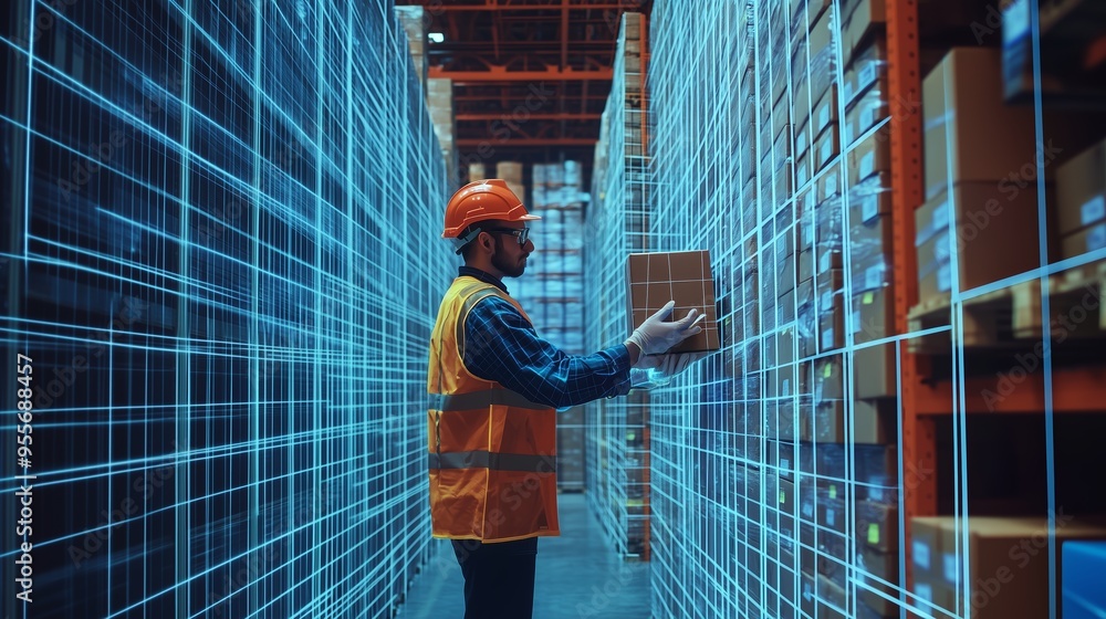 Poster a worker in a warehouse uses augmented reality to identify and organize packages during daylight hou