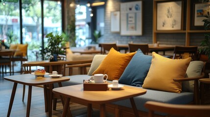 Fototapeta premium cafe seating area, the comfy lounge with soft pillows and rustic tables is an ideal place to savor dessert and a warm drink in the caf