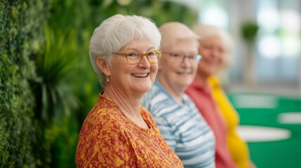 Group of seniors attending an indoor mini-golf session, fun and engaging, bright and lively