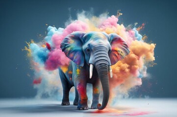 Elephant in a splash explosion of colors, variegated paint burst. Vibrant elephant head with smoke colorful paint splatter on blue background
