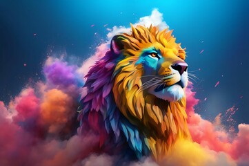 Lion in a splash explosion of colors, variegated paint burst. Vibrant lion head with smoke colorful paint splatter on dark background