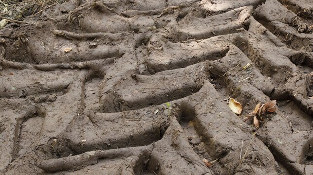 Photo of a deeply buried tractor track in the fertile soil of the forest floor - this is what remains after the forest has been cleared