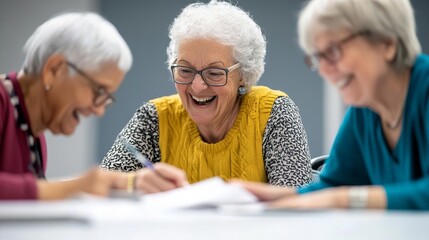 Seniors attending a language learning workshop, engaging with new words, fun and supportive