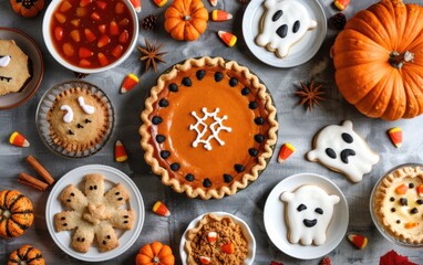 Obraz premium A festive flat lay of Halloween-themed treats with ghost cookies, pumpkin pie, and candy corn arranged on a seasonal table