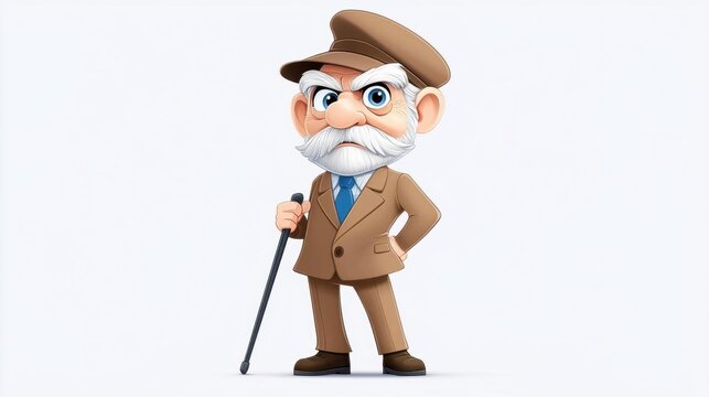 A grumpy old man with a cane, wearing a brown suit and hat, 2D cartoon style, muted colors
