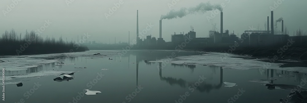 Poster dense smog envelops a city skyline, as factories loom in the background and a river flows with plast
