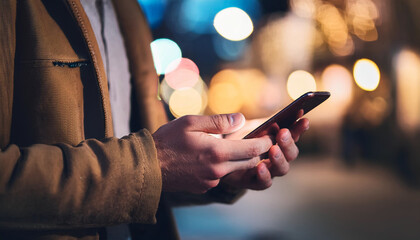 Woman on street using phone at evening.