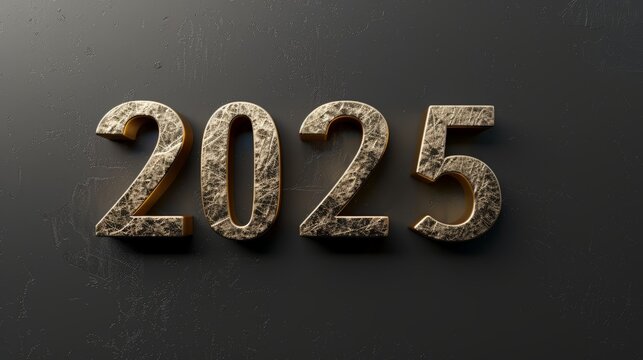 Golden numerals reading 2025 are prominently displayed on a dark surface, representing the upcoming year with a sleek and contemporary aesthetic