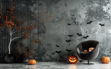 Modern Halloween decor featuring minimalist elements and geometric pumpkin designs in a stylish indoor setting