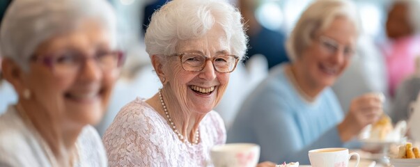Seniors attending a tea party, elegant setting, socializing and enjoying refreshments