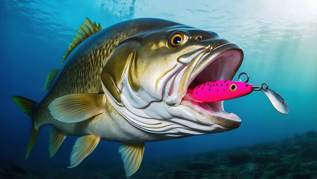 Largemouth bass freshwater fish striking pink lure in the lake, water animals and wildlife, nature background, fishing, catch and release	