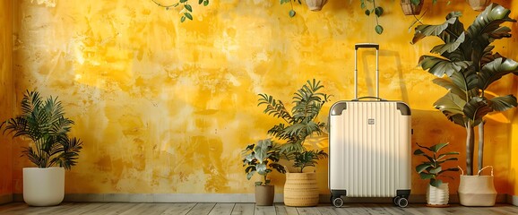 White suitcase against a yellow wall with potted plants, ready for travel.