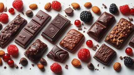 luxurious chocolate assortment on pristine white backdrop seamless pattern rich textures varied shapes glossy surfaces warm tones enticing shadows mouthwatering details