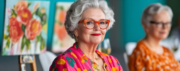 Seniors attending a wine and paint night, socializing and creating art, vibrant and relaxed