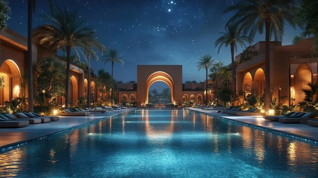 luxurious desert oasis hotel blend of modern architecture and traditional middle eastern elements shimmering pool reflecting starry night sky palm trees framing the scene