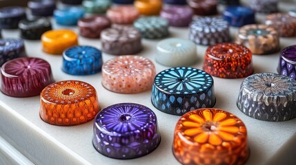 macro shot of vibrant buttons forming intricate mandala pattern soft focus edges harmonious color gradient clean white background captivating symmetry