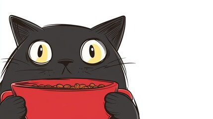 Fototapeta premium Cute cartoon black cat holding red bowl