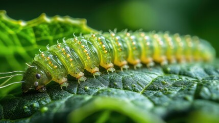 Naklejka premium macro view of silkworms on lush green mulberry leaves intricate textures soft natural lighting serene agricultural scene sustainable textile industry concept