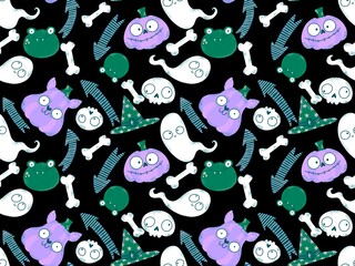 Fototapeta premium Halloween cute pumpkins seamless monsters pattern for wrapping paper and fabric