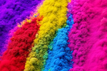 Obraz premium Explosion of colored powder on black background. Freeze motion colorful dust particles. Colorful Holi paint powder explosion on black background. Banner. Panorama