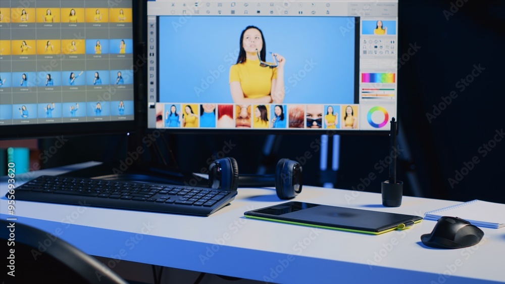 Aufkleber photo editing software on pc display and graphic tablet on desk in empty multimedia creative studio.