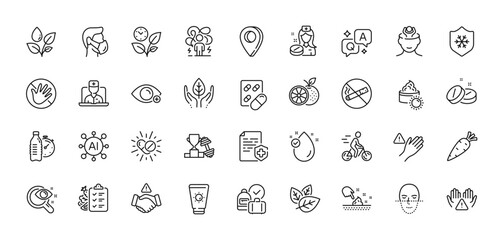 Do not touch, Cyclist and Capsule pill line icons pack. AI, Question and Answer, Map pin icons. Dont handshake, Medical mask, Dont touch web icon. Leaves, Clean skin, Sun cream pictogram. Vector
