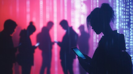 Individuals stand together, absorbed in their smartphones while digital codes illuminate their surroundings, creating a sense of isolation. Generative AI