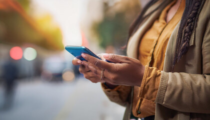 Woman on street using phone at evening.