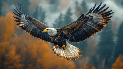 Obraz premium majestic flight bald eagle soaring through dramatic cloudscape wings fully extended piercing gaze symbol of freedom and strength