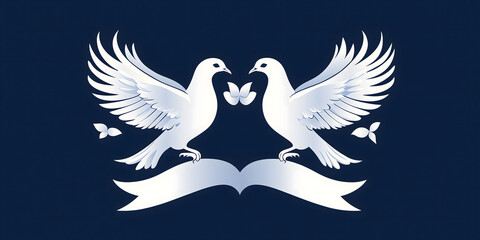 Fototapeta premium Two white doves flying with the ribbon in their beaks simple vector illustration Love and Unity concept