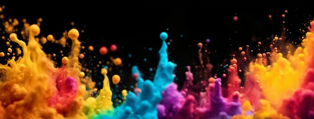 Explosion of colored powder on black background. Freeze motion colorful dust particles. Colorful Holi paint powder explosion on black background. Banner. Panorama