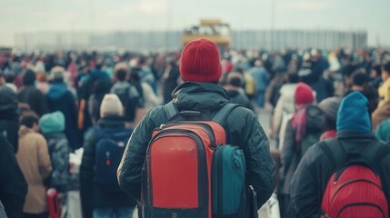 Thousands of hopeful people collect at a border, carrying suitcases and backpacks, surrounded by fences and signs of struggle. Generative AI
