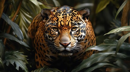 majestic jaguar emerging from lush rainforest shadows muscles rippling beneath spotted coat intense golden eyes fixed on unseen prey