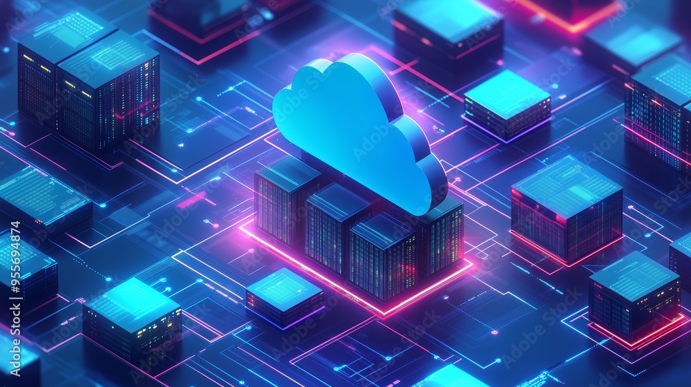 Poster digital cloud technology concept with colorful data storage units against a futuristic background re