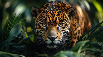 majestic jaguar emerging from lush rainforest shadows muscles rippling beneath spotted coat intense golden eyes fixed on unseen prey