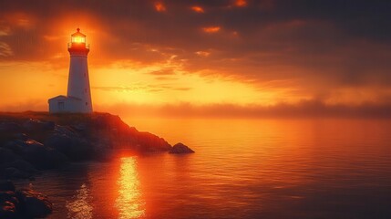majestic lighthouse perched on rocky cliffs bathed in warm autumn sunset hues rain softly falls creating a misty atmosphere and reflecting golden light