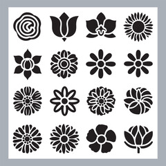 Set of logotype icons flowers Rose, Tulip, Orchid, Sunflower, Lily, Daisy, Daffodil, Jasmine, Lavender, Marigold, Peony, Chrysanthemum, Hibiscus, Poppy, Violet silhouettes in white background